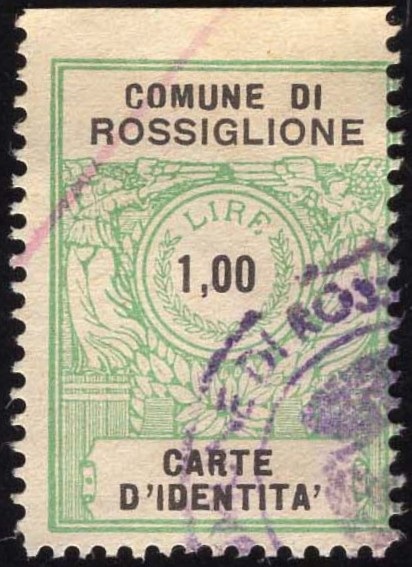 Marca da Bollo del Comune di ROSSIGLIONE su Carta Bianca di dimensioni 22 x 29 mm