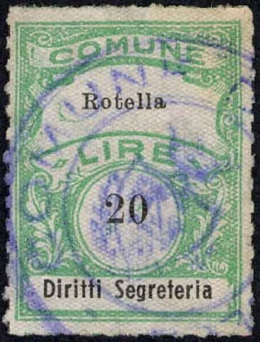 Marca da Bollo del Comune di ROTELLA su Carta Bianca Sottile di dimensioni 22,5 x 29 mm