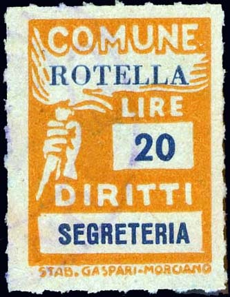 Marca da Bollo del Comune di ROTELLA su Carta Bianca Sottile di dimensioni 18,5 x 26 mm