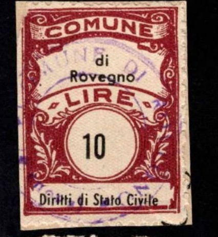 Marca da Bollo del Comune di ROVEGNO su Carta Bianca di dimensioni 22 x 29 mm