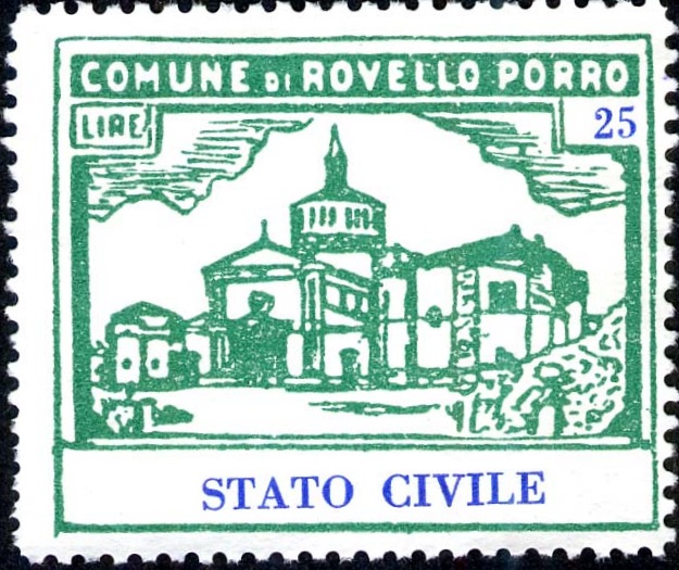 Marca da Bollo del Comune di ROVELLO PORRO su Carta Bianca di dimensioni 37,5 x 30 mm