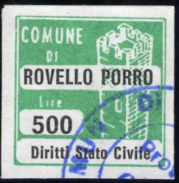 Marca da Bollo del Comune di ROVELLO PORRO su di dimensioni 20 x 20 mm