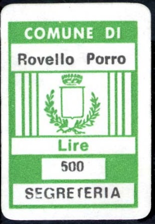 Marca da Bollo del Comune di ROVELLO PORRO su Carta Bianca di dimensioni 18 x 27 mm