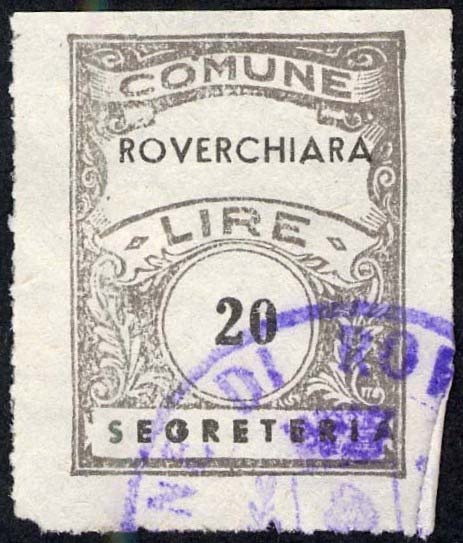 Marca da Bollo del Comune di ROVERCHIARA su Carta Bianca di dimensioni 22,5 x 29 mm