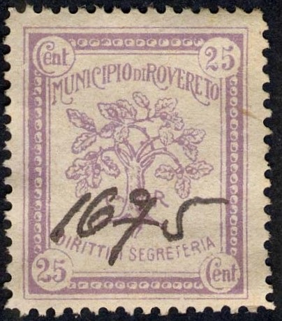 Marca da Bollo del Comune di ROVERETO su Carta Bianca di dimensioni 22 x 27 mm