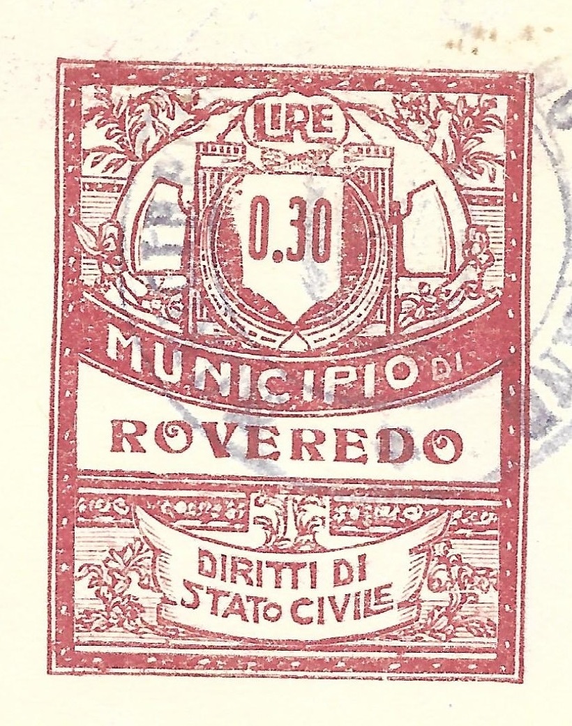 Marca da Bollo del Comune di ROVERETO su Carta Bianca di dimensioni 21 X 32 mm