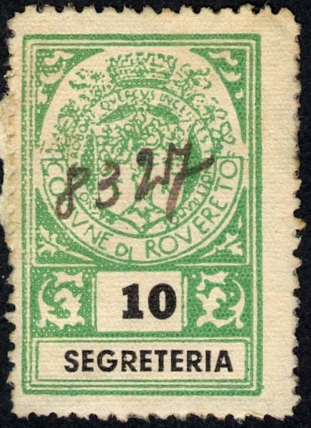 Marca da Bollo del Comune di ROVERETO su Carta Bianca Sottile di dimensioni 22 X 33 mm