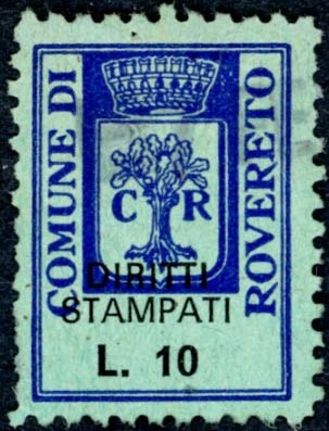 Marca da Bollo del Comune di ROVERETO su Carta Bianca di dimensioni 16,5 x 23 mm