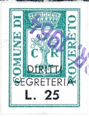 Marca da Bollo del Comune di ROVERETO su Carta Colorata di dimensioni 16 x 23 mm