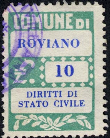 Marca da Bollo del Comune di ROVIANO su Carta Bianca di dimensioni 20 x 28 mm