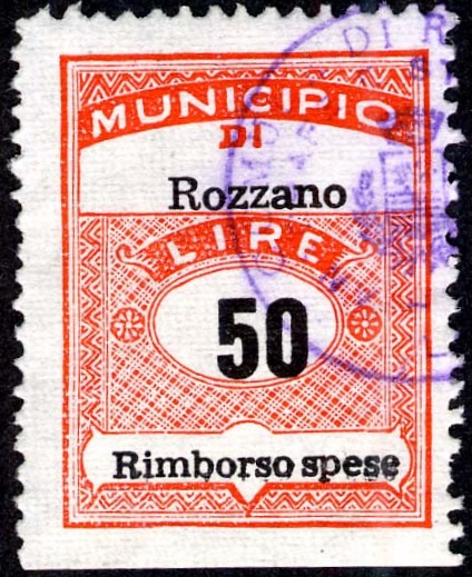 Marca da Bollo del Comune di ROZZANO su Carta Bianca di dimensioni 22,5 x 29 mm