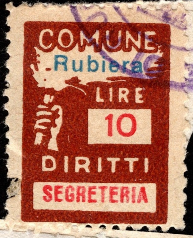 Marca da Bollo del Comune di RUBIERA su Carta Bianca di dimensioni 18,5 x 26 mm