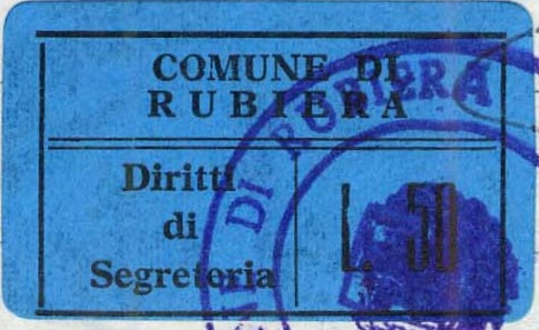 Marca da Bollo del Comune di RUBIERA su Carta Colorata di dimensioni 29 x 17,5 mm