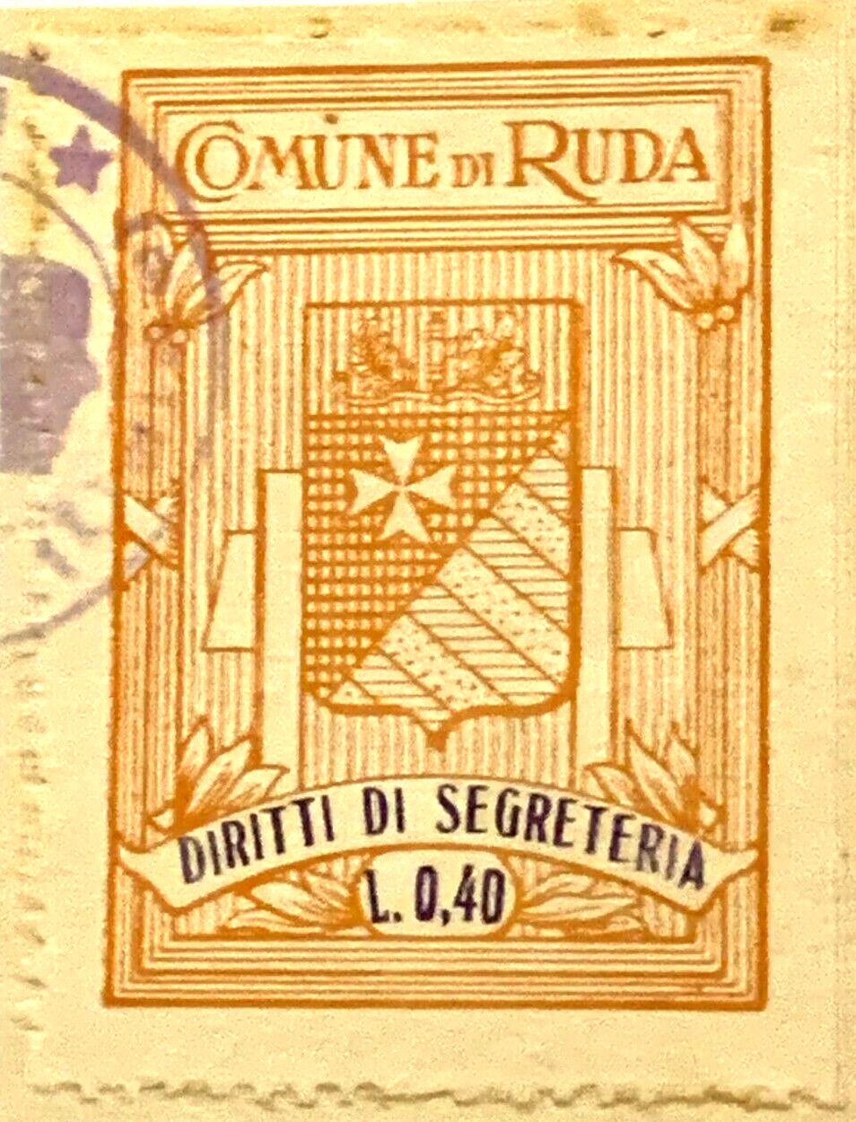 Marca da Bollo del Comune di RUDA su Carta Bianca di dimensioni 22,5 X 33 mm