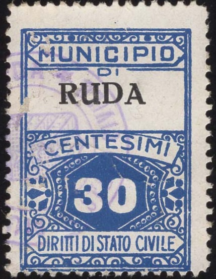 Marca da Bollo del Comune di RUDA su Carta Bianca di dimensioni 22,5 x 29 mm