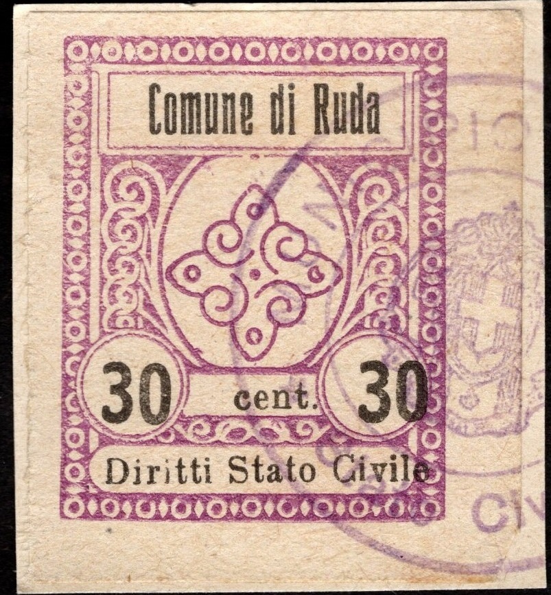 Marca da Bollo del Comune di RUDA su Carta Bianca di dimensioni 22,5 x 29 mm