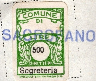 Marca da Bollo del Comune di SACROFANO su Carta Bianca di dimensioni 16 x 22 mm