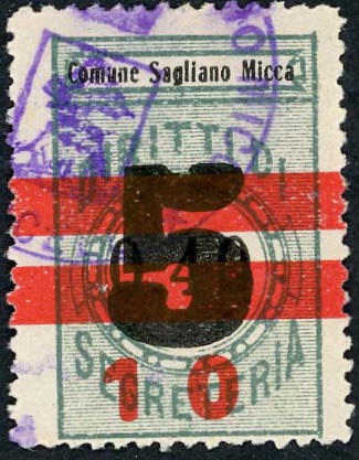 Marca da Bollo del Comune di SAGLIANO MICCA su Carta Bianca Sottile di dimensioni 20 x 30 mm