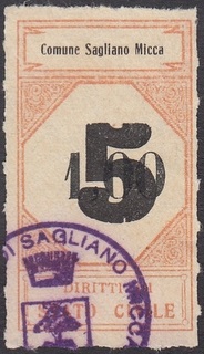 Marca da Bollo del Comune di SAGLIANO MICCA su Carta Bianca Sottile di dimensioni 24,5 x 43 mm