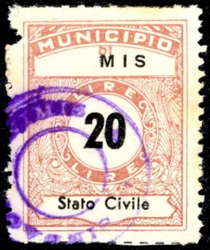 Marca da Bollo del Comune di SAGRON MIS su Carta Bianca di dimensioni 22,5 x 29 mm