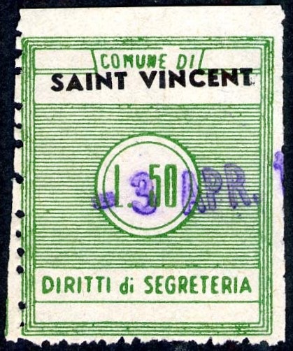 Marca da Bollo del Comune di SAINT VINCENT su Carta Bianca di dimensioni 24 x 29 mm