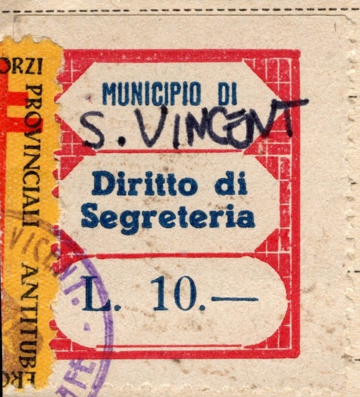 Marca da Bollo del Comune di SAINT VINCENT su Carta Bianca di dimensioni 24 x 29 mm