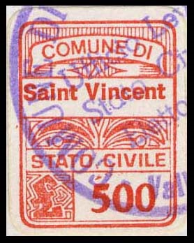Marca da Bollo del Comune di SAINT VINCENT su Carta Bianca di dimensioni 15,5 x 20,5 mm