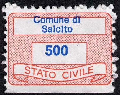 Marca da Bollo del Comune di SALCITO su Carta Bianca Sottile di dimensioni 25 x 17,5 mm