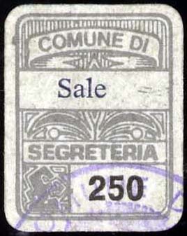 Marca da Bollo del Comune di SALE su Carta Bianca di dimensioni 15,5 x 20,5 mm