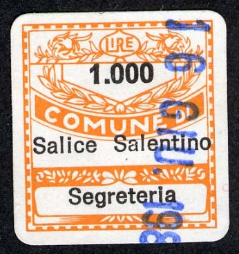 Marca da Bollo del Comune di SALICE SALENTINO su Carta Bianca di dimensioni 19 x 21 mm