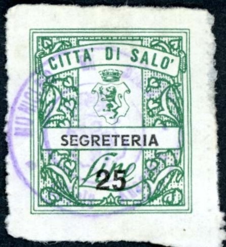 Marca da Bollo del Comune di SALO´ su Carta Bianca Sottile di dimensioni 22 x 25,5 mm