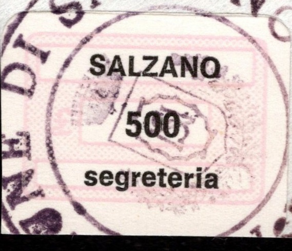 Marca da Bollo del Comune di SALZANO su Carta Bianca di dimensioni 20 x 13 mm