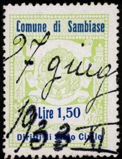 Marca da Bollo del Comune di SAMBIASE su Carta Bianca di dimensioni 26 x 35 mm