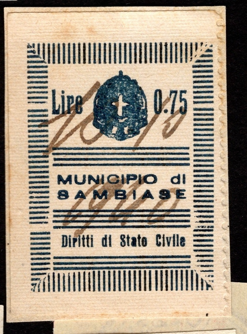 Marca da Bollo del Comune di SAMBIASE su Carta Bianca di dimensioni 21 X 32 mm