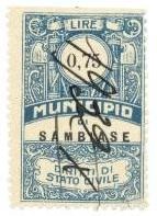 Marca da Bollo del Comune di SAMBIASE su Carta Bianca Sottile di dimensioni 28 x 43,5 mm
