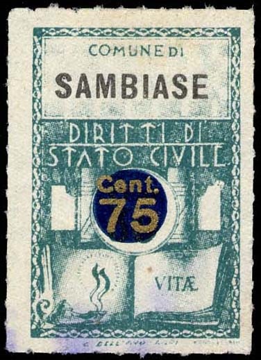 Marca da Bollo del Comune di SAMBIASE su Carta Bianca Sottile di dimensioni 21 x 33 mm