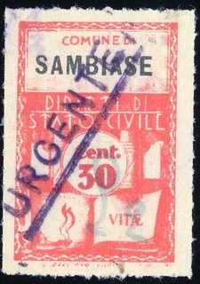 Marca da Bollo del Comune di SAMBIASE su Carta Bianca Sottile di dimensioni 21 x 33 mm