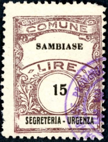 Marca da Bollo del Comune di SAMBIASE su Carta Bianca di dimensioni 22,5 x 29 mm