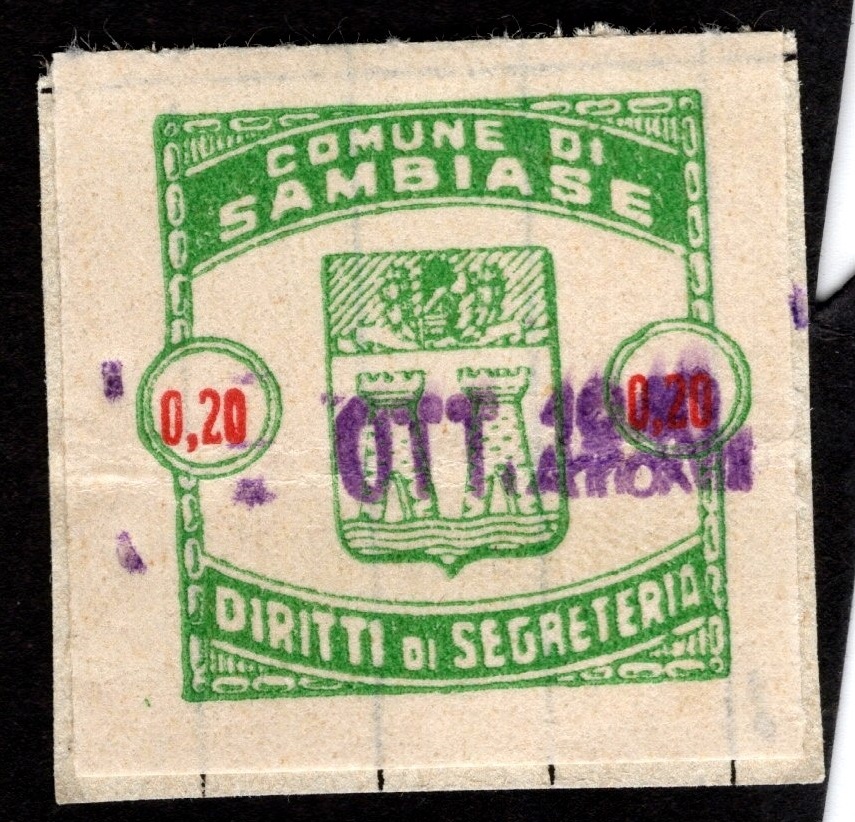 Marca da Bollo del Comune di SAMBIASE su Carta Bianca di dimensioni 24 x 25 mm