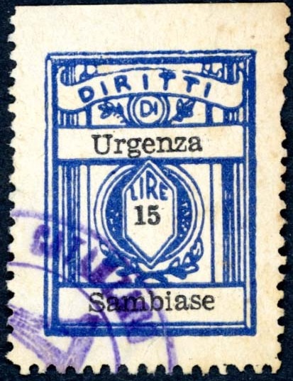 Marca da Bollo del Comune di SAMBIASE su Carta Bianca Sottile di dimensioni 21,5 x 28,5 mm