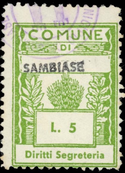 Marca da Bollo del Comune di SAMBIASE su Carta Bianca Sottile di dimensioni 25 x 33,5 mm