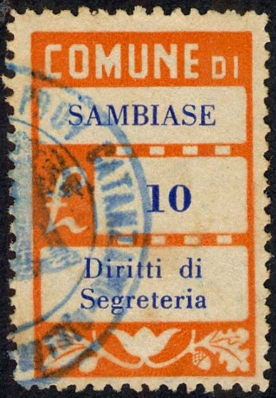 Marca da Bollo del Comune di SAMBIASE su Carta Bianca di dimensioni 20 x 28 mm