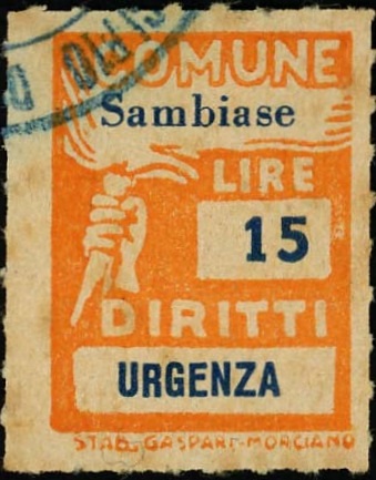 Marca da Bollo del Comune di SAMBIASE su Carta Bianca Sottile di dimensioni 18,5 x 26 mm