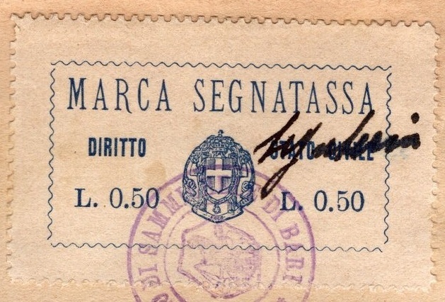 Marca da Bollo del Comune di SAMMICHELE DI BARI su Carta Bianca di dimensioni 22 x 16 mm