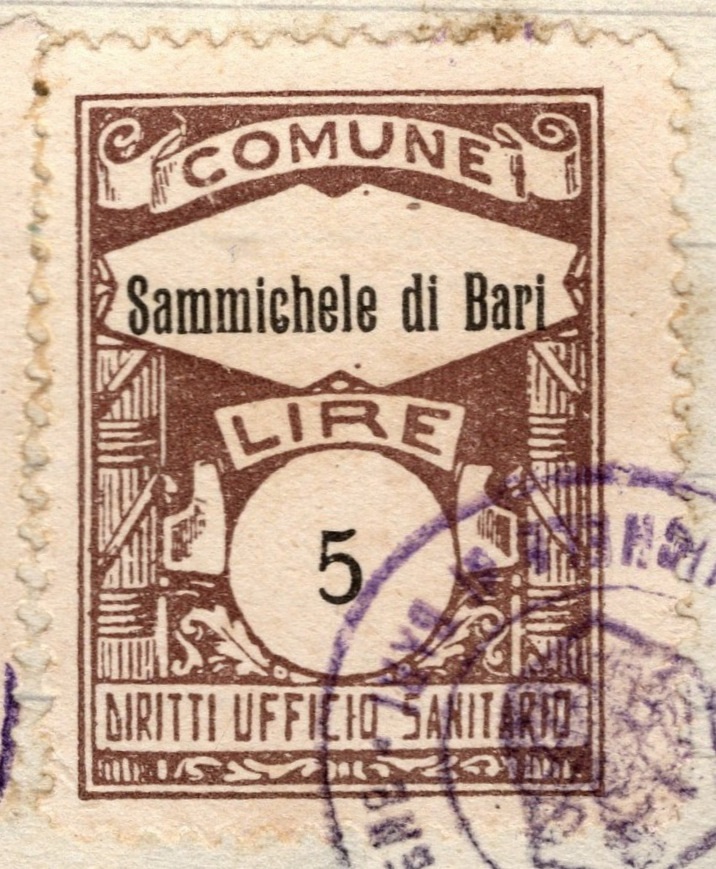 Marca da Bollo del Comune di SAMMICHELE DI BARI su Carta Bianca di dimensioni 22 x 29 mm