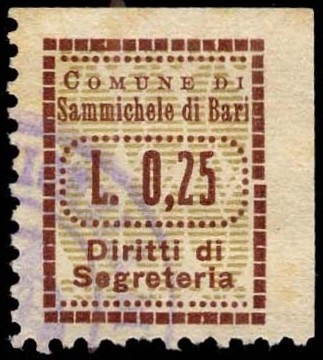 Marca da Bollo del Comune di SAMMICHELE DI BARI su Carta Bianca di dimensioni 15,5 x 18,5 mm