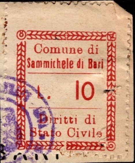 Marca da Bollo del Comune di SAMMICHELE DI BARI su Carta Bianca di dimensioni 21 X 27 mm