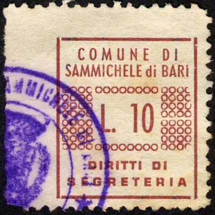 Marca da Bollo del Comune di SAMMICHELE DI BARI su Carta Bianca di dimensioni 15,5 x 18,5 mm