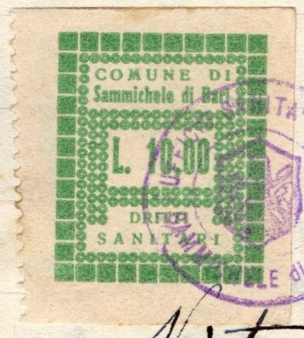 Marca da Bollo del Comune di SAMMICHELE DI BARI su Carta Bianca di dimensioni 15,5 x 18,5 mm