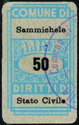 Marca da Bollo del Comune di SAMMICHELE DI BARI su Carta Bianca di dimensioni 20 x 30 mm